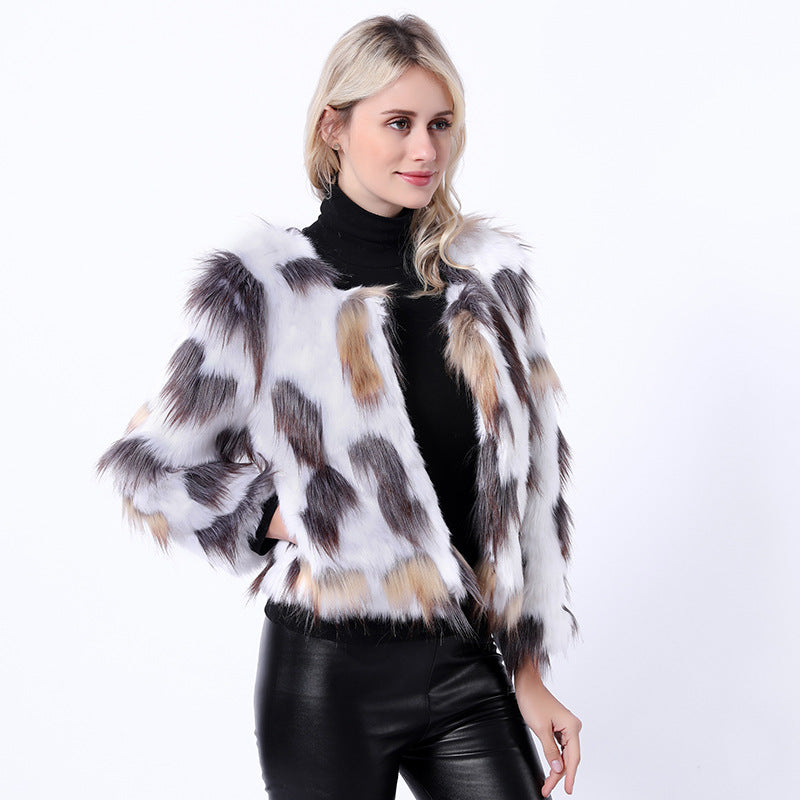 Damen Modische Kunstpelzjacke mit auffälligem Muster und voluminösen Ärmeln R&B