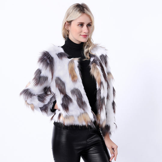 Damen Modische Kunstpelzjacke mit auffälligem Muster und voluminösen Ärmeln R&B