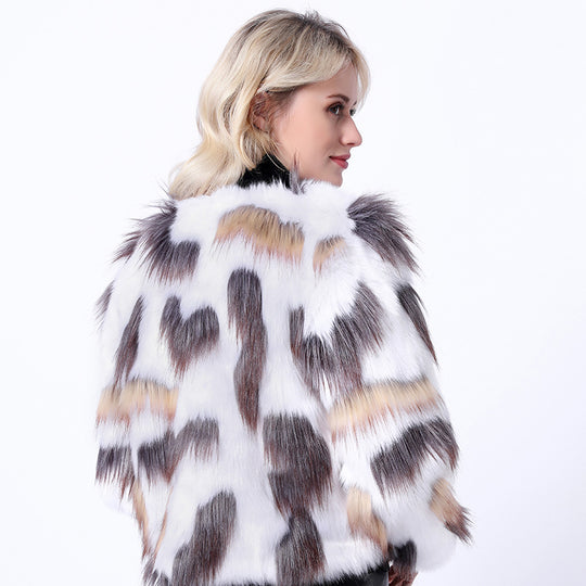 Damen Modische Kunstpelzjacke mit auffälligem Muster und voluminösen Ärmeln R&B