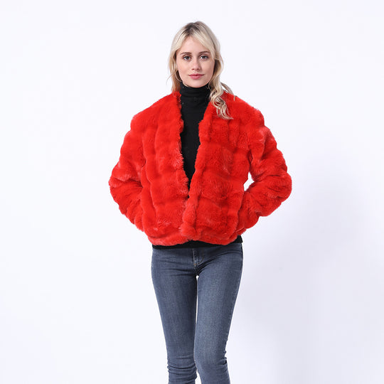 Damen Flauschige Kunstpelzjacke mit quer gestepptem Design R&B