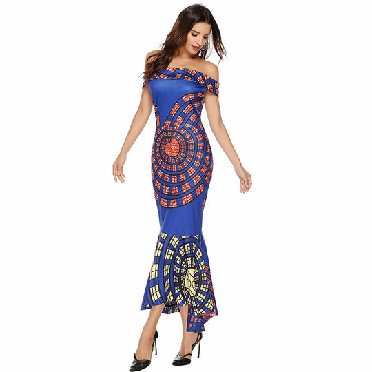 Damen Off-Shoulder Maxikleid mit einzigartigem Muster und asymmetrischem Saum R&B