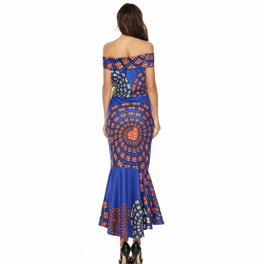 Damen Off-Shoulder Maxikleid mit einzigartigem Muster und asymmetrischem Saum R&B