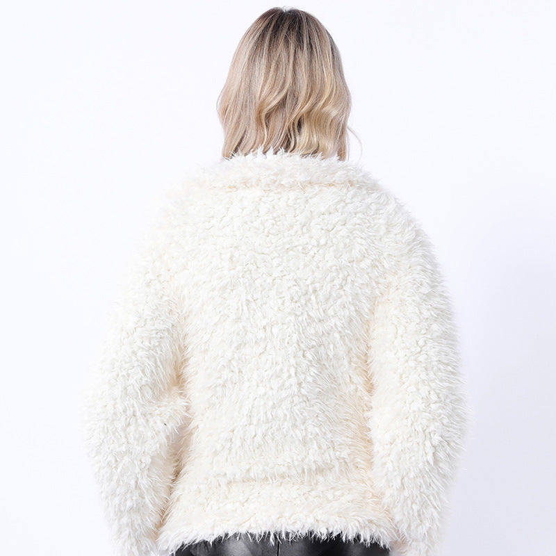 Damen Modischer Kunstpelzjacke mit elegantem Kragen und seitlichen Taschen R&B