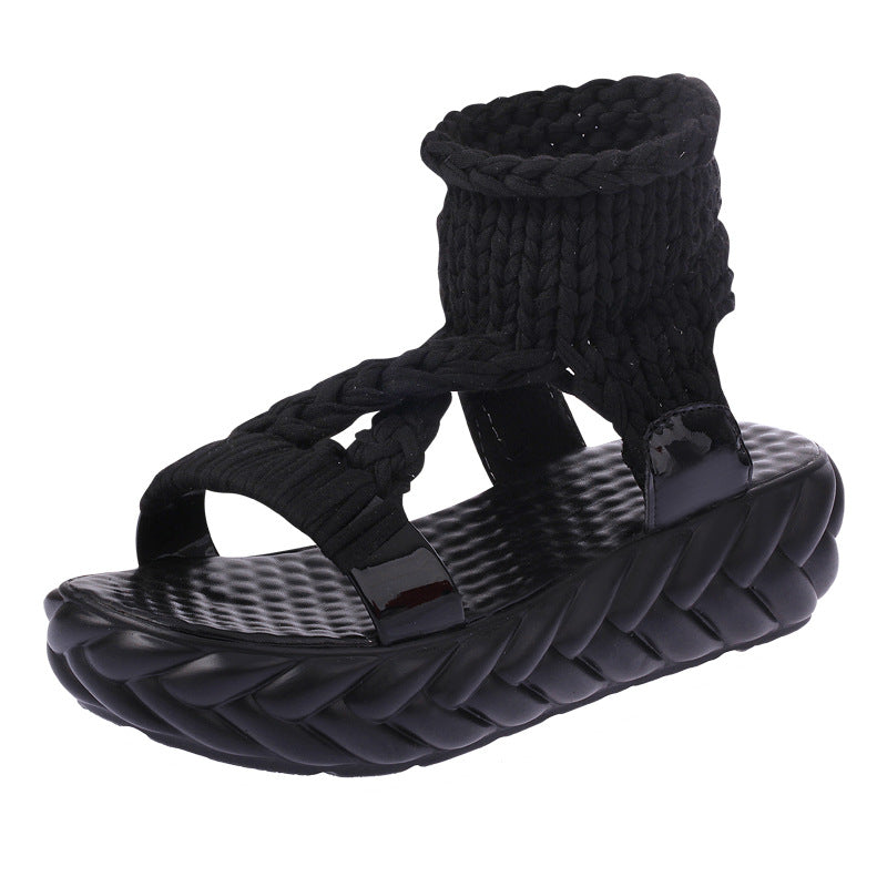 Damen nan handgeflochtene Strick-Sandalette mit elastischem Knöchelsteg und ergonomischer Schaumpolstersohle R&B