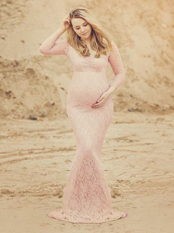 R&B Schwangerschafts-Chaps für Fotoshooting, figurbetontes Maxikleid mit rosa Spitze, Meerjungfrau, elegante Mode