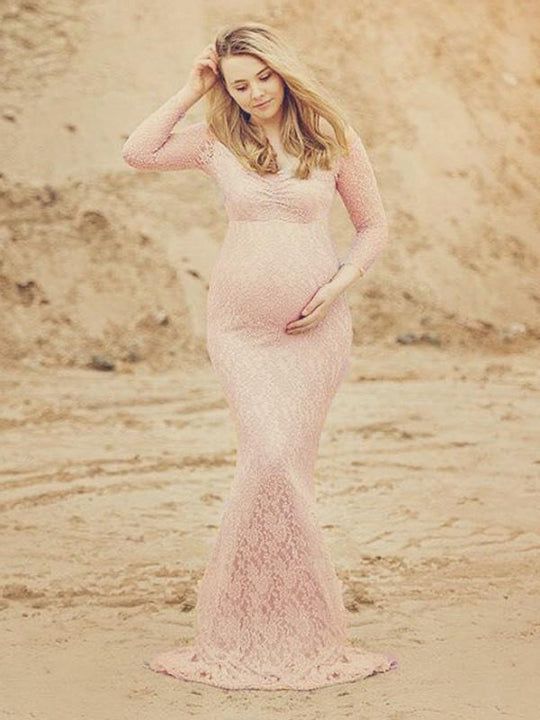R&B Schwangerschafts-Chaps für Fotoshooting, figurbetontes Maxikleid mit rosa Spitze, Meerjungfrau, elegante Mode