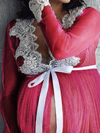 EB Schwangerschafts-Chaps, Maxi-Kleider für Fotoshootings, Spitze, Tüll, Gürtel, Fliege, seitlicher Schlitz, schick
