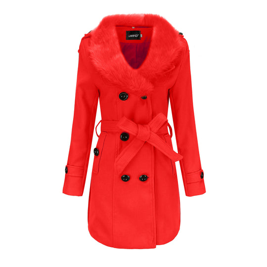 Damen eleganter Trenchcoat mit Kunstpelzkragen und Taillengürtel R&B