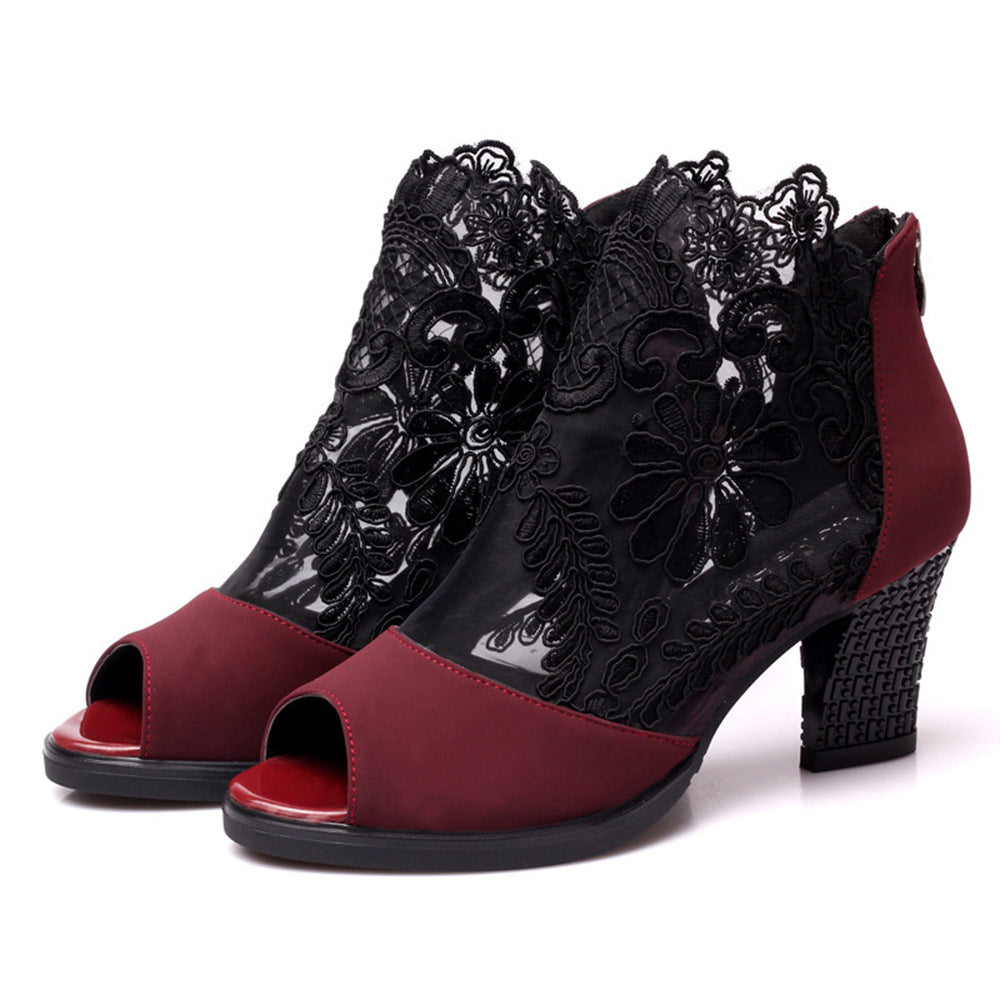 Damen elegante Peeptoe-Stiefeletten mit floralen Spitzenverzierungen und hohem Blockabsatz R&B