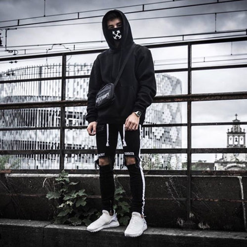Herren lässige Skinny Jeans mit auffälligem Used-Effekt und trendigem Streifen R&B