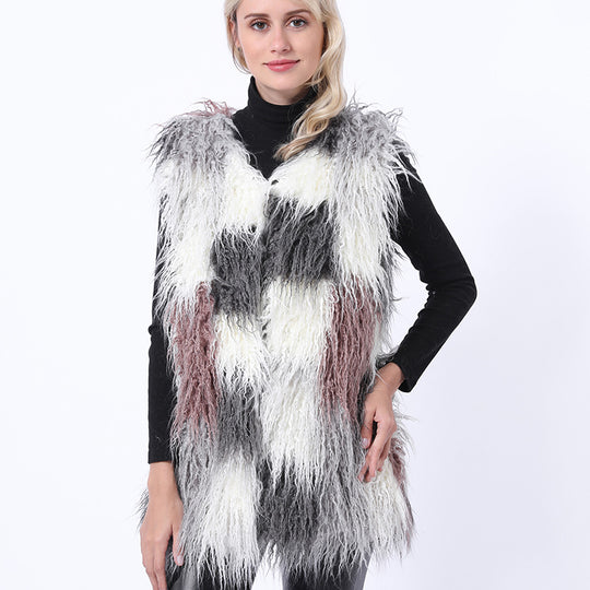 Damen Flauschige Kunstpelz-Weste im Patchwork-Design R&B