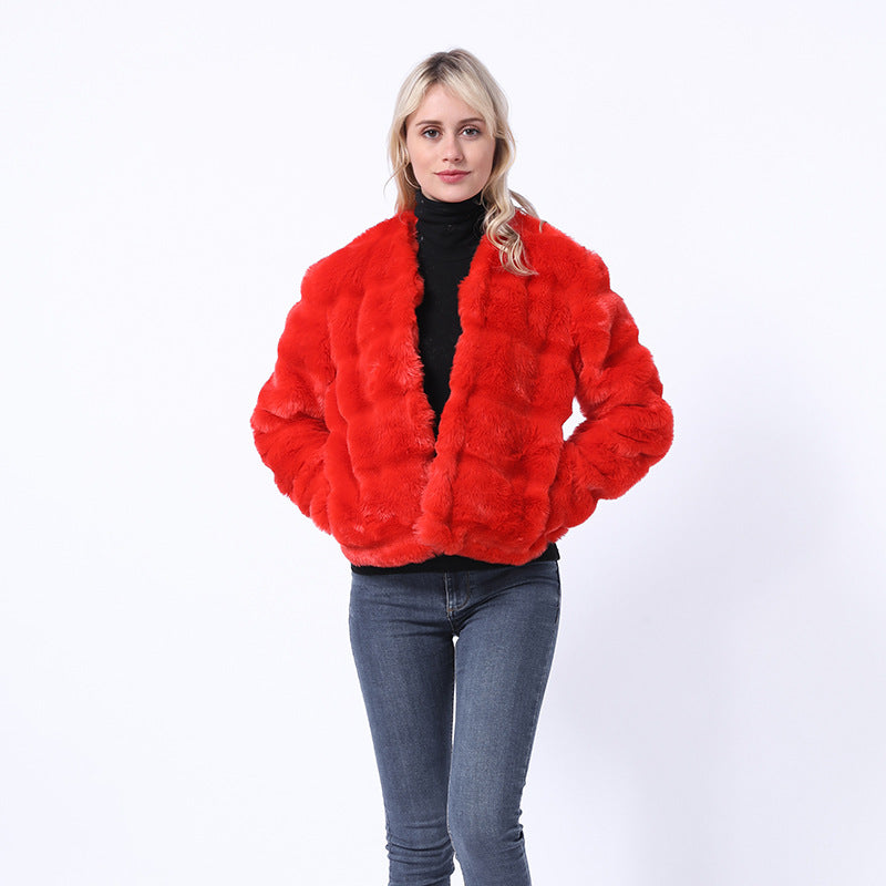 Damen Flauschige Kunstpelzjacke mit quer gestepptem Design R&B