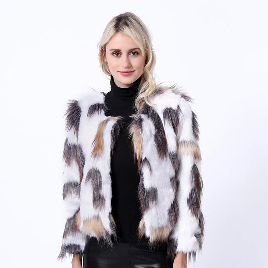 Damen Modische Kunstpelzjacke mit auffälligem Muster und voluminösen Ärmeln R&B