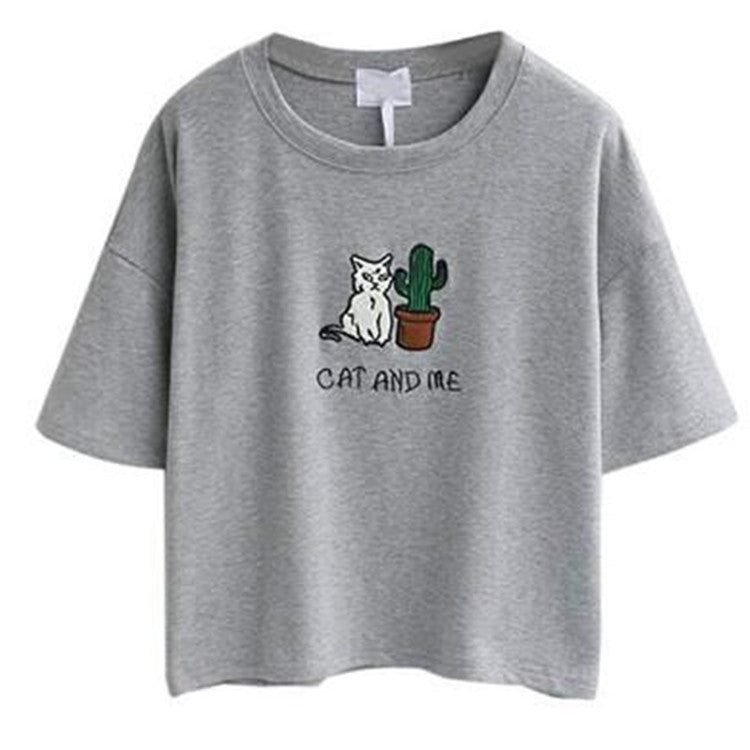 Damen lässiges T-Shirt mit süßem Katzen- und Pflanzenmotiv R&B
