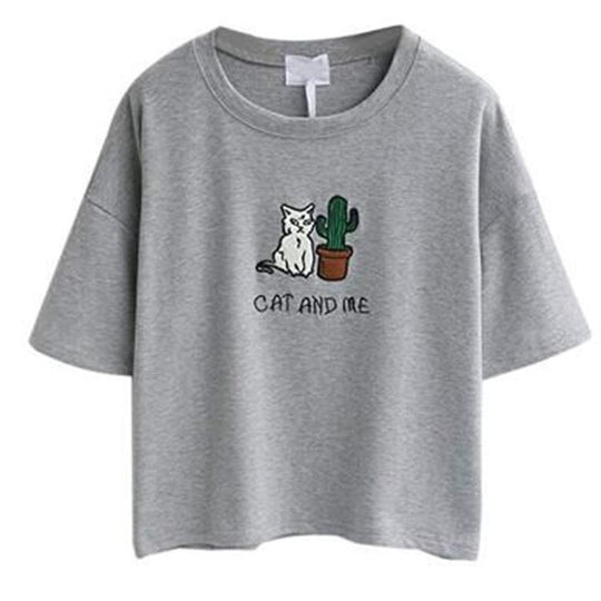 Damen lässiges T-Shirt mit süßem Katzen- und Pflanzenmotiv R&B