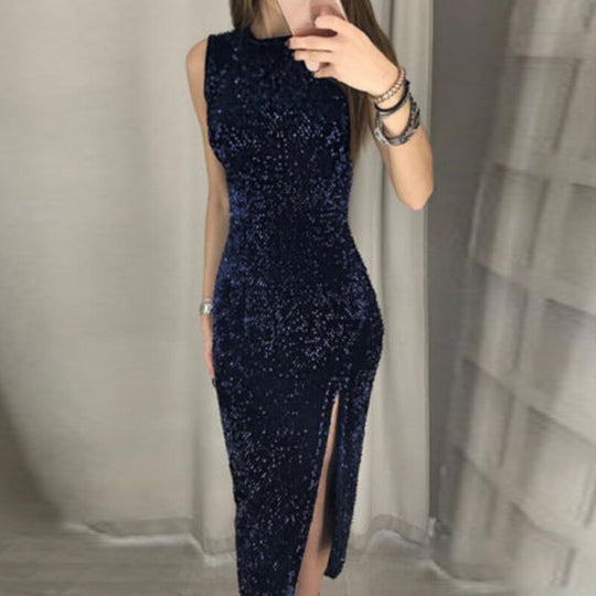 Damen Elegantes Party-Kleid mit glitzerndem Paillettenbesatz und hohem Schlitz R&B
