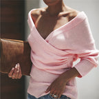 Damen eleganter lässiger Strickpulli mit tiefem Ausschnitt und Wickeldesign