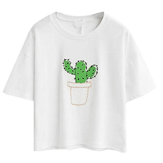 Damen lässiges T-Shirt mit süßem Katzen- und Pflanzenmotiv R&B