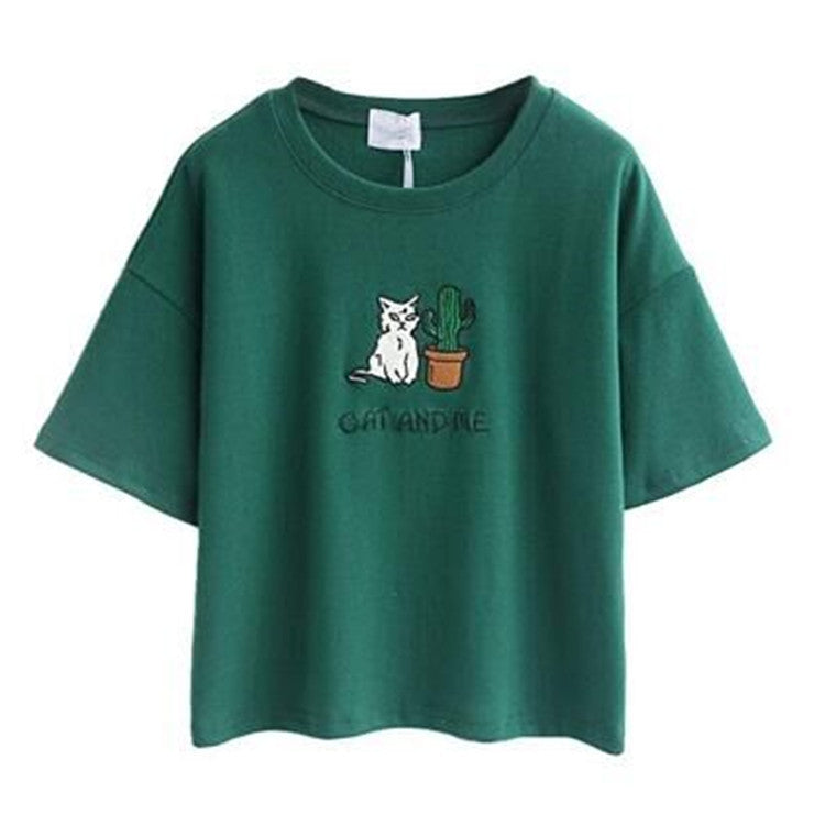 Damen lässiges T-Shirt mit süßem Katzen- und Pflanzenmotiv R&B