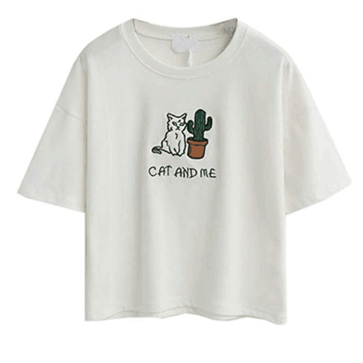 Damen lässiges T-Shirt mit süßem Katzen- und Pflanzenmotiv R&B