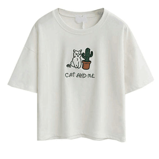 Damen lässiges T-Shirt mit süßem Katzen- und Pflanzenmotiv R&B