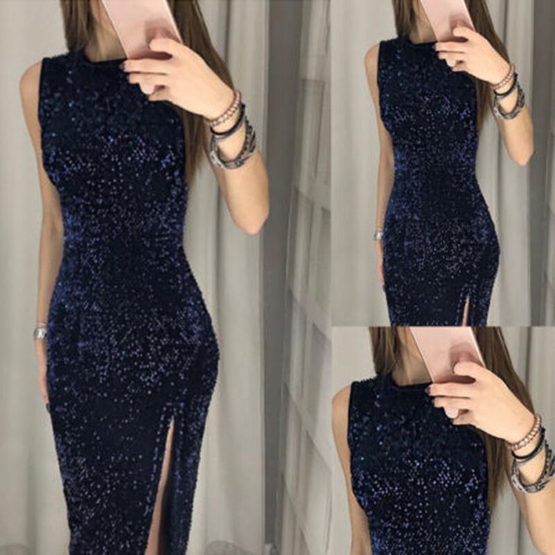 Damen Elegantes Party-Kleid mit glitzerndem Paillettenbesatz und hohem Schlitz R&B