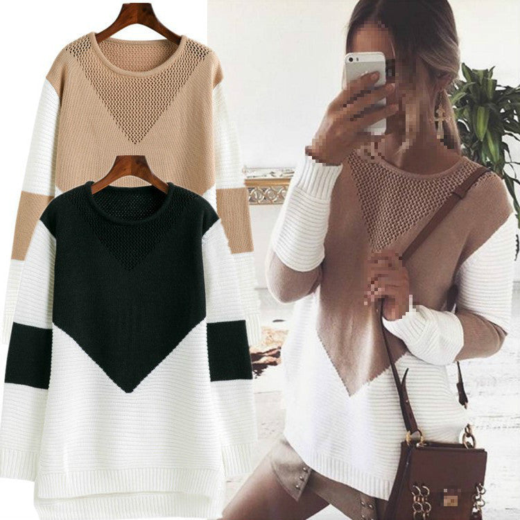 Damen modischer Pullover mit strukturiertem V-Ausschnitt und modernen Farbblöcken