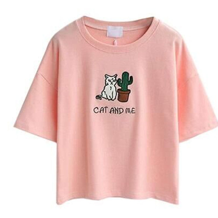 Damen lässiges T-Shirt mit süßem Katzen- und Pflanzenmotiv R&B
