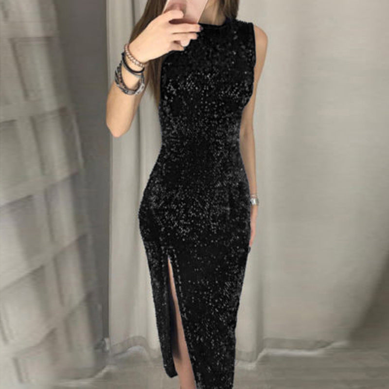 Damen Elegantes Party-Kleid mit glitzerndem Paillettenbesatz und hohem Schlitz R&B