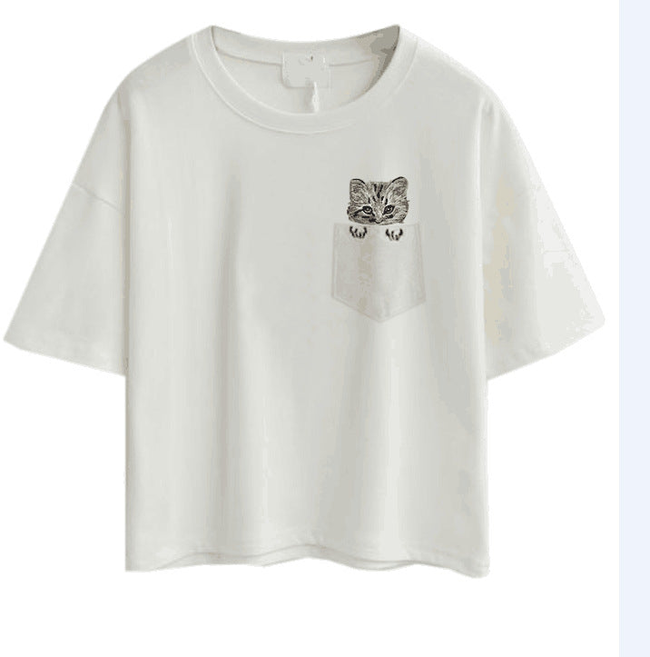 Damen lässiges T-Shirt mit süßem Katzen- und Pflanzenmotiv R&B