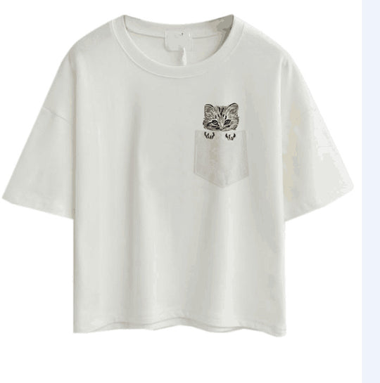 Damen lässiges T-Shirt mit süßem Katzen- und Pflanzenmotiv R&B