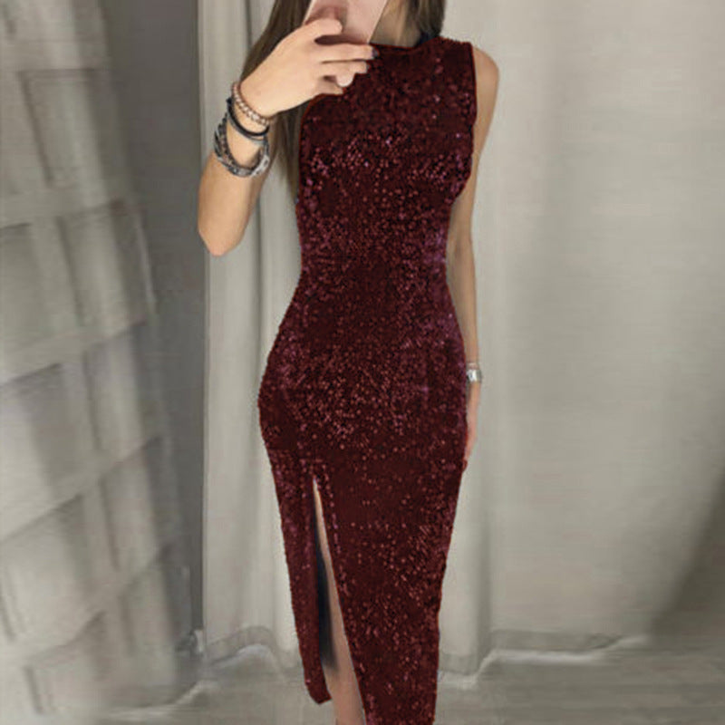 Damen Elegantes Party-Kleid mit glitzerndem Paillettenbesatz und hohem Schlitz R&B