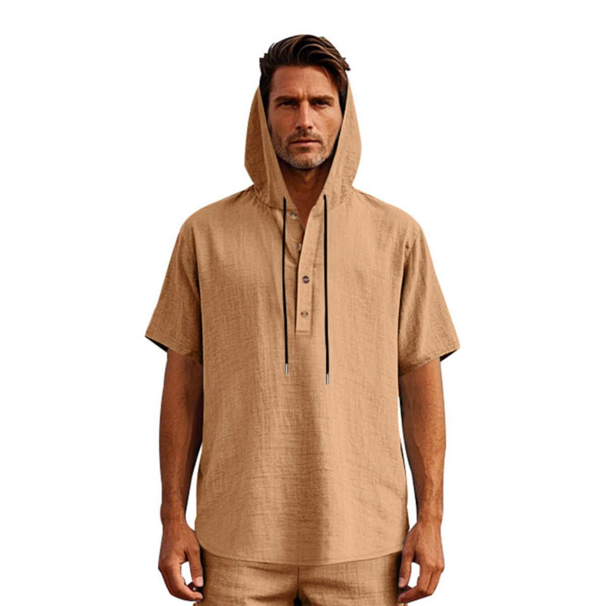 R&B | Leinen-Knopf-Strand-Kapuzen-Henley-Shirt