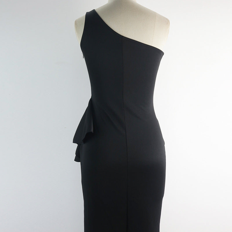 Damen elegantes asymmetrisches Maxikleid mit Rüschen und Schlitz R&B