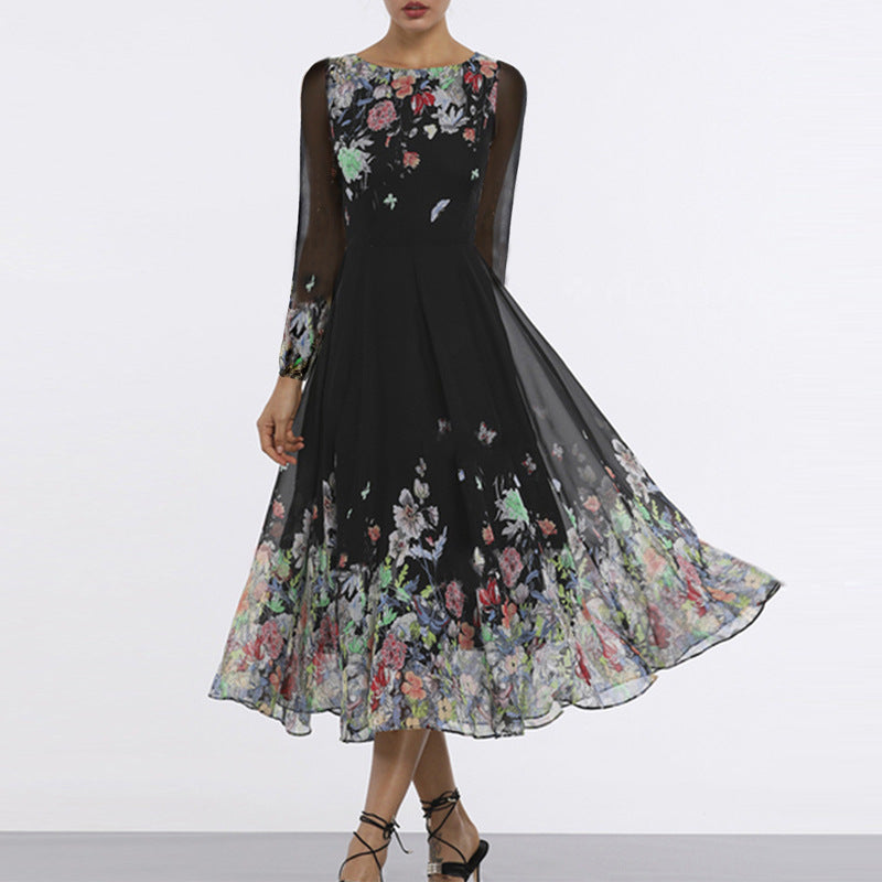 Damen Tüll Maxikleid mit floralen Applikationen und transparenten Ärmeln R&B