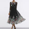 Damen Tüll Maxikleid mit floralen Applikationen und transparenten Ärmeln R&B
