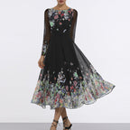 Damen Tüll Maxikleid mit floralen Applikationen und transparenten Ärmeln R&B