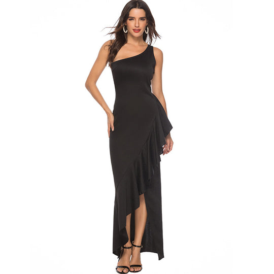 Damen elegantes asymmetrisches Maxikleid mit Rüschen und Schlitz R&B