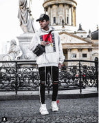 Herren lässige Skinny Jeans mit auffälligem Used-Effekt und trendigem Streifen R&B