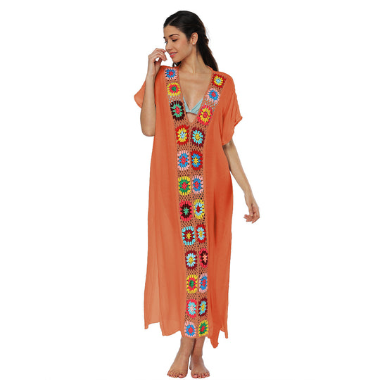 Damen Häkel-Strandkleid mit buntem Blumendesign R&B