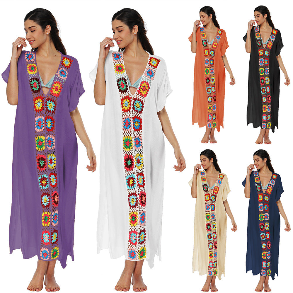 Damen Häkel-Strandkleid mit buntem Blumendesign R&B