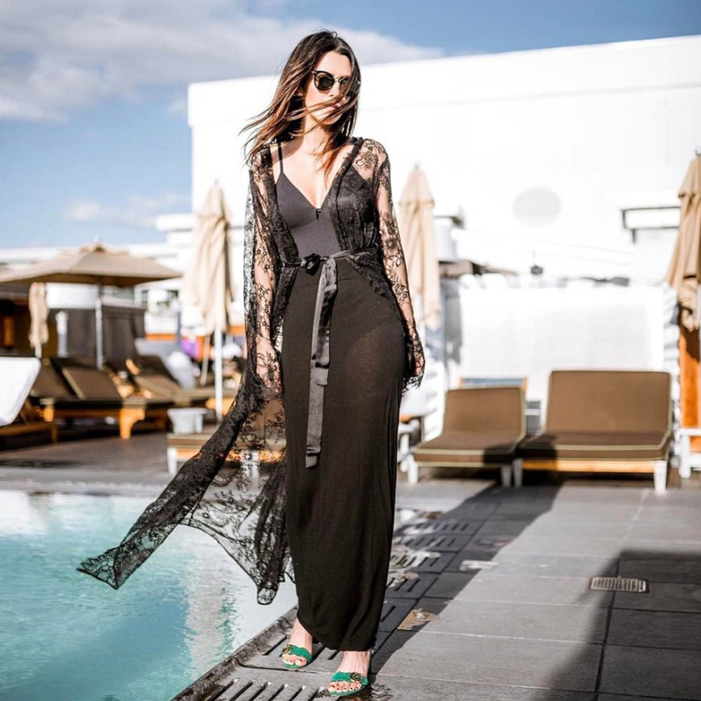 Damen Spitzenkimono mit eleganten Häkelmustern und schwingendem Saum R&B