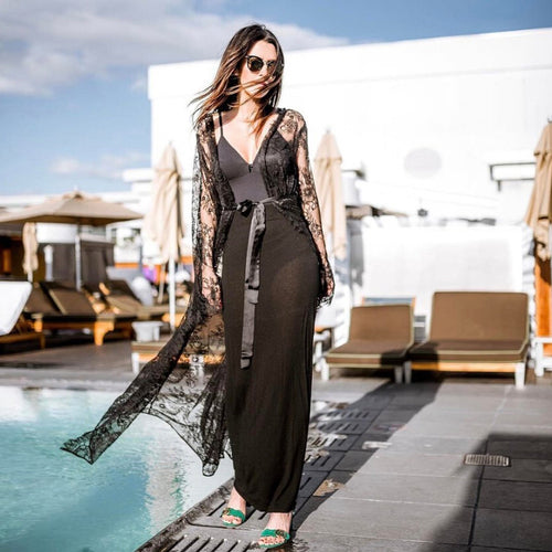Damen Spitzenkimono mit eleganten Häkelmustern und schwingendem Saum R&B