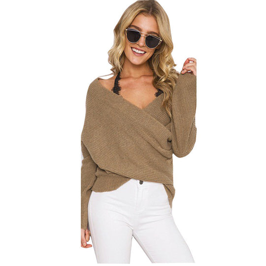 Damen Wickelpullover mit weitem V-Ausschnitt und lässiger Passform R&B