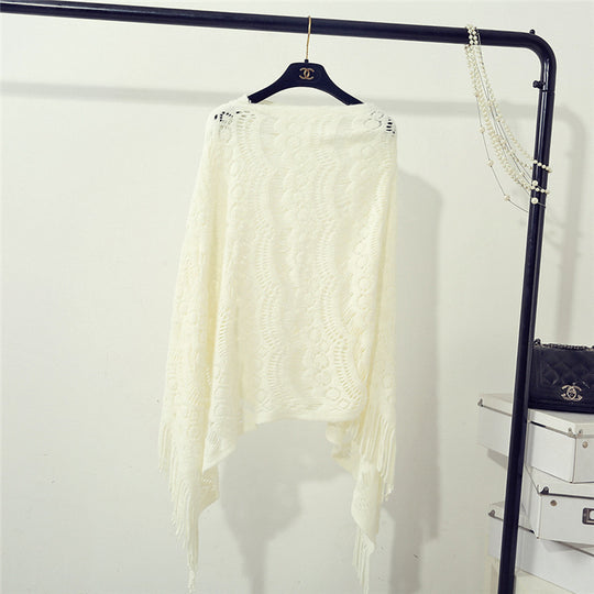 Damen Strickponcho mit fransigen Details und luftiger Lochstruktur R&B