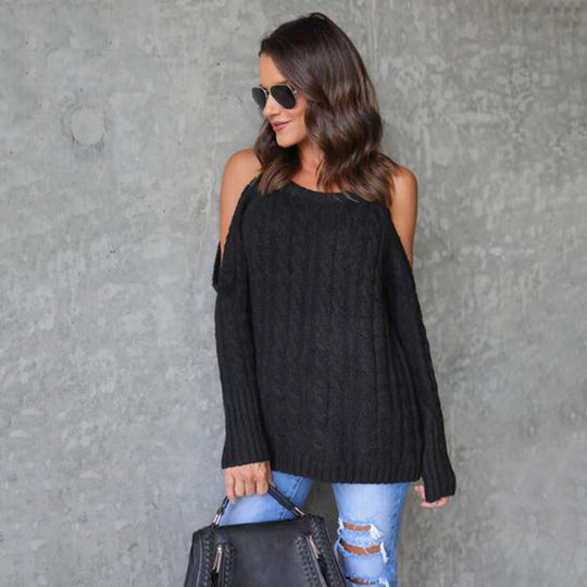 Damen Strickpullover mit off-shoulder Design und detaillierter Zopfstruktur R&B