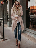 Damen weiche Strickjacke mit luxuriösem Kunstfellkragen und asymmetrischem Schnitt