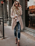 Damen weiche Strickjacke mit luxuriösem Kunstfellkragen und asymmetrischem Schnitt