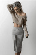 Damen eleganter croppter Pullover mit tiefem Ausschnitt und figurbetonendem Rock