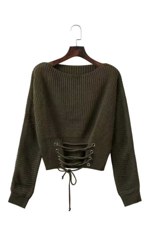 Damen Strickpullover mit ausgefallenem Rückenschnürdesign und weitem Schnitt R&B